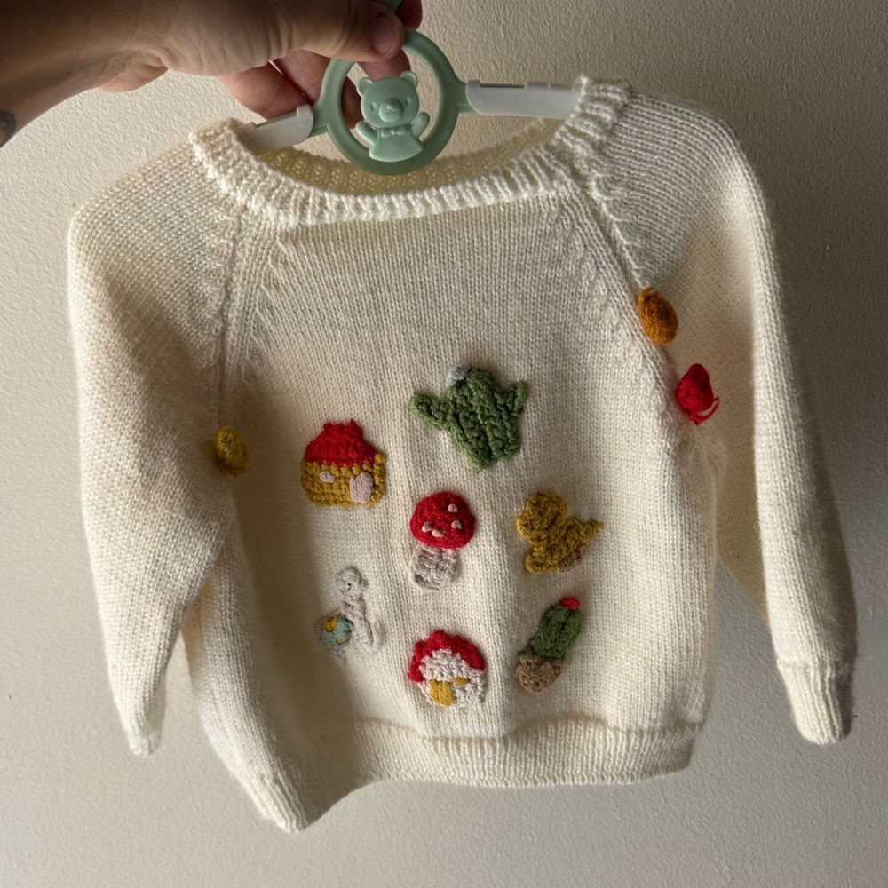 Argentinian wool white Sweater with hand Embroidered northern flora and fauna
